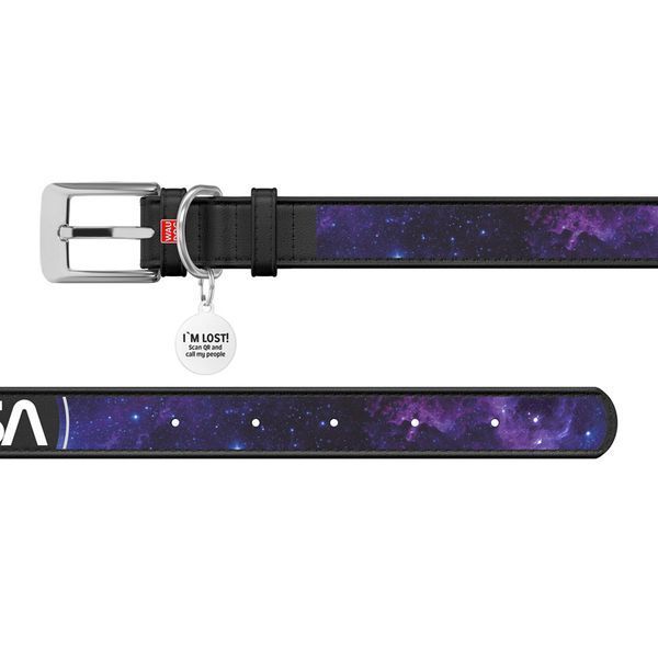Нашийник для собак шкіряний WAUDOG Design з QR-паспортом, малюнок "NASA21", XXS, Ш 12 мм, Д 18-24 см, чорний 3601-0148-01 фото