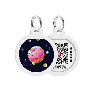 Адресник для собак і котів металевий WAUDOG Smart ID з QR-паспортом, малюнок "Всесвітня пончиків", круг, Д 0625-0218 фото