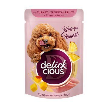 Вологий корм для дорослих собак Delickcious пластівці з індичкою та тропічними фруктами у вершковому соусі, 80 г D6211501 фото