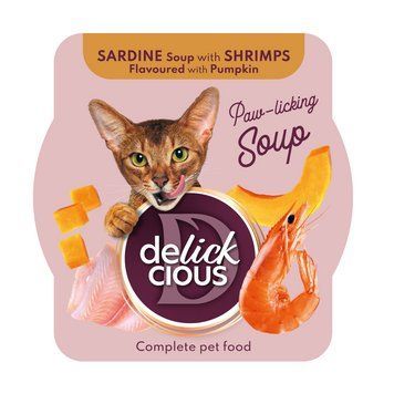 Повноцінний корм для дорослих котів Делікшес Delickcious суп з сардини з креветками та додаванням гарбуза, 80 г D6251303 фото