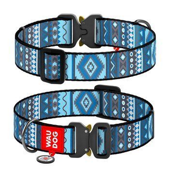 Ошейник для собак нейлоновый WAUDOG Nylon с QR паспортом, рисунок "Этно синий", металлическая пряжка-фастекс, 4535-0131 фото