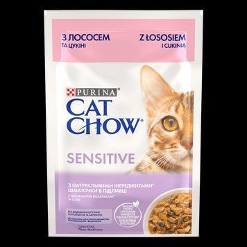 Вологий корм Cat Chow Sensitive для дорослих котів із чутливим травленням з лососем та цукіні, шматочки в підливці, 85 г п150133 фото