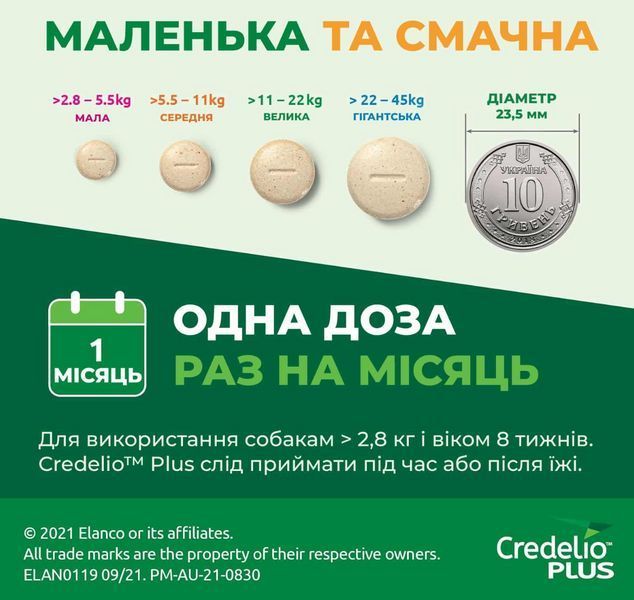 Кределио ПЛЮС от блох клещей и гельминтов №1 таблетка для собак весм 11 - 22 кг Elanco CA5480003 фото
