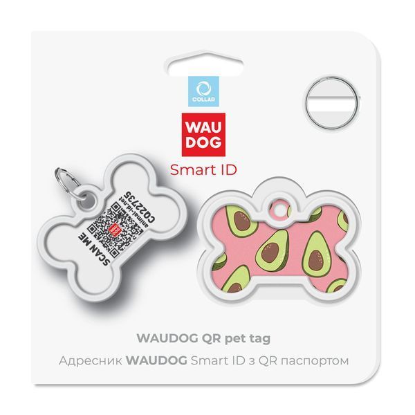 Адресник для собак і котів металевий WAUDOG Smart ID з QR паспортом, малюнок "Авокадо 2", кістка, Д 40 мм, 0640-0211 фото