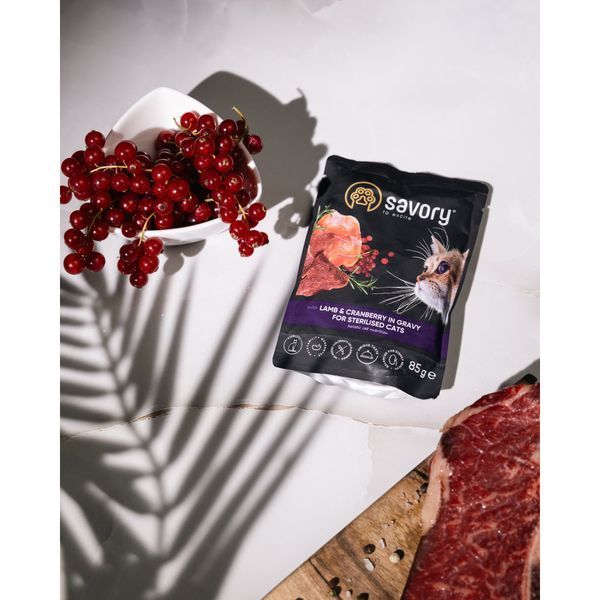 Влажный корм Savory для стерилизованных кошек, ягненок с клюквой в соусе, пауч, 85 г 20093 фото