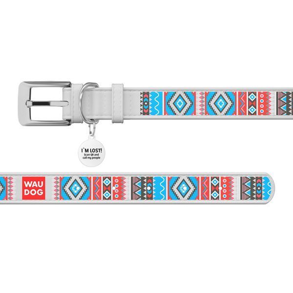 Нашийник для собак шкіряний WAUDOG Design з QR-паспортом, малюнок "Етно", Ш 25 мм, Д 38-49 см білий 377615 фото