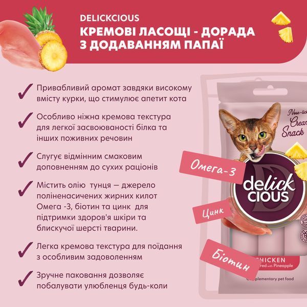 Крем-снеки для котів Делікшес Delickcious курка з додаванням ананасу ласощі для котів (4 шт х 15 г) D6251102 фото
