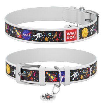 Ошейник для собак кожаный WAUDOG Design с QR паспортом, рисунок "NASA", Ш 20 мм, Дл 29-38 см, белый 0020-0047-15 фото