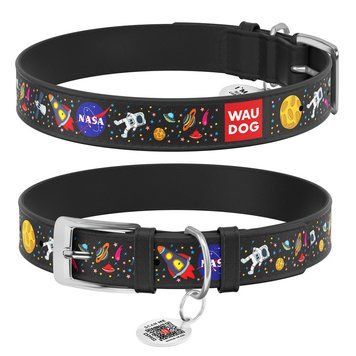 Ошейник для собак кожаный WAUDOG Design с QR паспортом, рисунок "NASA", Ш 20 мм, Дл 29-38 см, черный 0020-0047-01 фото