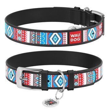Нашийник для собак шкіряний WAUDOG Design з QR паспортом, малюнок "Етно", Ш 12 мм, Д 20-28 см, чорний 37381 фото