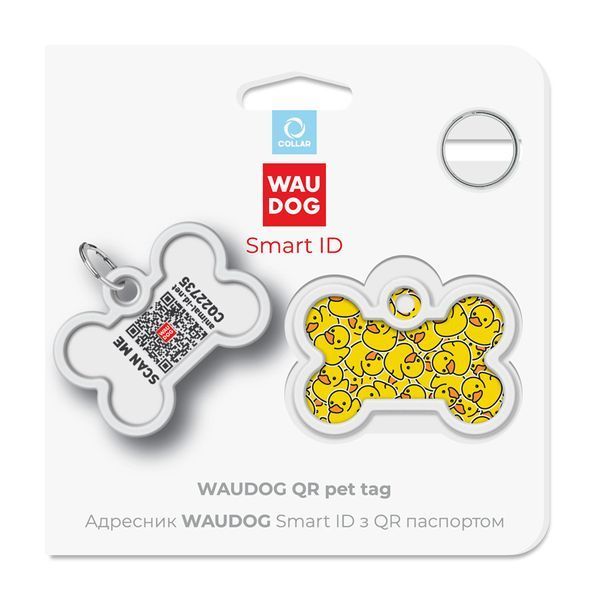 Адресник для собак и котов металлический WAUDOG Smart ID c QR паспортом, рисунок "Уточки", кость, Д 40 мм, Ш 0640-0204 фото