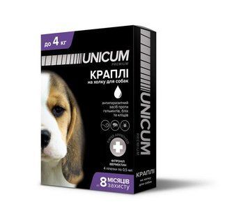 Краплі Unicum Complex (Унікум Комплекс) від гельмінтів, бліх та кліщів для собак до 4 кг (упаковка 4 піпетки) 901708 фото