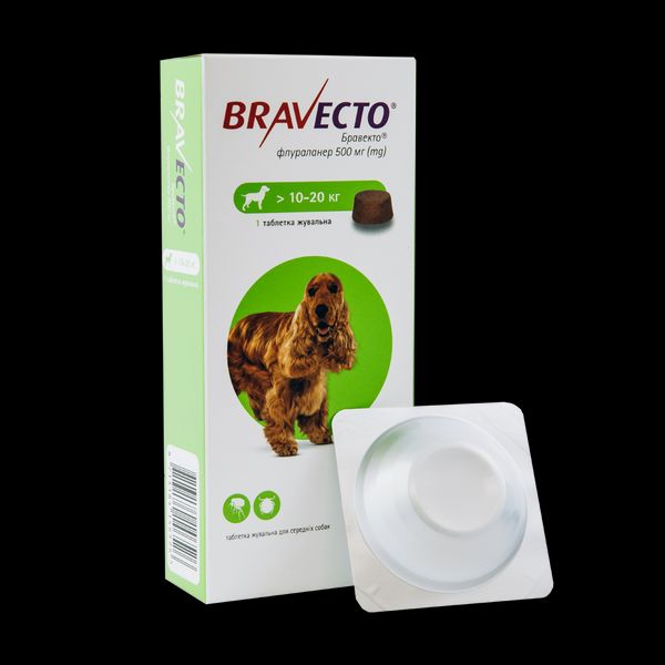Бравекто (Bravecto) 500 мг 1 таблетка для собак 10-20кг (від блох і кліщів на 3 місяці) MSD Нідерланди (термін до 04.2025 р) 20867 фото