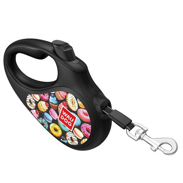 Поводок-рулетка для собак WAUDOG R-leash, рисунок "Пончики", S, до 15 кг, 5 м, светоотражающая лента черный 8124-0070-01 фото