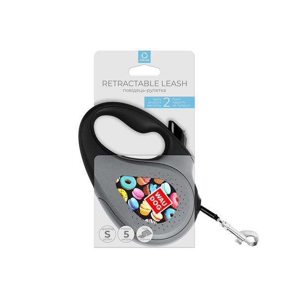 Поводок-рулетка для собак WAUDOG R-leash, рисунок "Пончики", S, до 15 кг, 5 м, светоотражающая лента черный 8124-0070-01 фото
