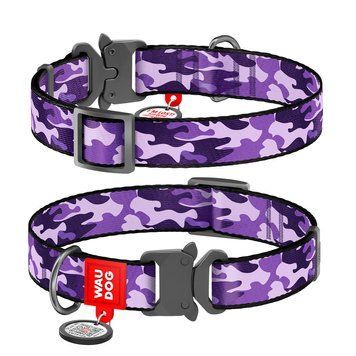 Ошейник для собак нейлоновый WAUDOG Nylon c QR паспортом, рисунок "Фиолетовый камо", металлическая 5100 фото