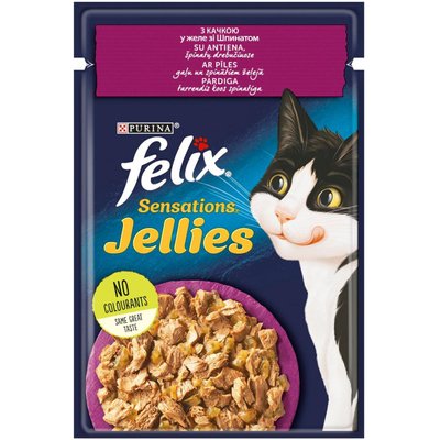 Вологий корм Фелікс Felix Sensations Jellies для котів шматочки з качкою і шпинатом в желе 85 г, Purina 469662 фото
