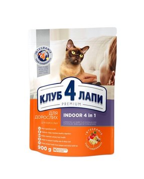 Повнораціонний сухий корм для дорослих кішок CLUB 4 PAWS (Клуб 4 Лапи) Преміум для кішок, що живуть в приміщенні 4в1, 900 г 4820083909412 фото