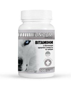 Вітаміни UNICUM premium для собак з біотином для здорової шерсті та шкіри 100 табл. 901713 фото