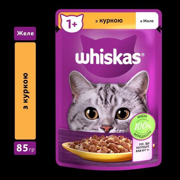 Влажный корм Whiskas (Вискас) с курицей в желе для взрослых кошек 85 г (блок 28 шт) 443948 фото
