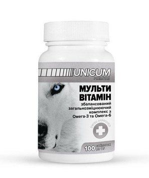 Мультивітаміни UNICUM premium для собак загальнозміцнюючий комплекс з омега-3 і омега-6 100 табл. 901714 фото