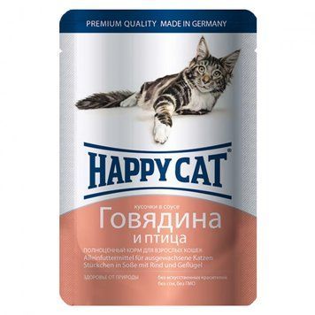 Консервований (вологий) корм Happy Cat із яловичиною та птицею для кішок (шматочки в соусі), 100 г В1002315 фото