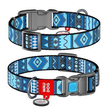 Нашийник для собак нейлоновий WAUDOG Nylon з QR-паспортом, малюнок "Етно синій", пластиковий фастекс, Ш 25 мм 4585 фото