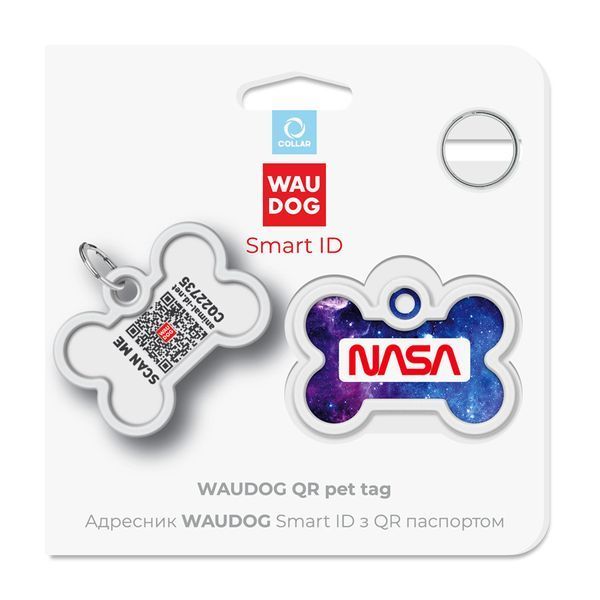 Адресник для собак і котів металевий WAUDOG Smart ID з QR-паспортом, малюнок "NASA21", кістка, Д 40 мм, Ш 0640-0148 фото