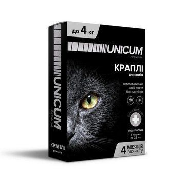 Краплі Unicum Premium (Унікум Преміум) від бліх та кліщів для котів вагою до 4 кг (упаковка 3 піпетки) К901715 фото