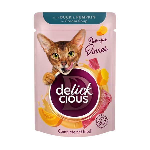 Влажный корм для кошек Деликшес Delickcious полоски с уткой и тыквой в крем-супе, Акция 8+4 (12 шт &times; 85 г) D6251401-12 фото