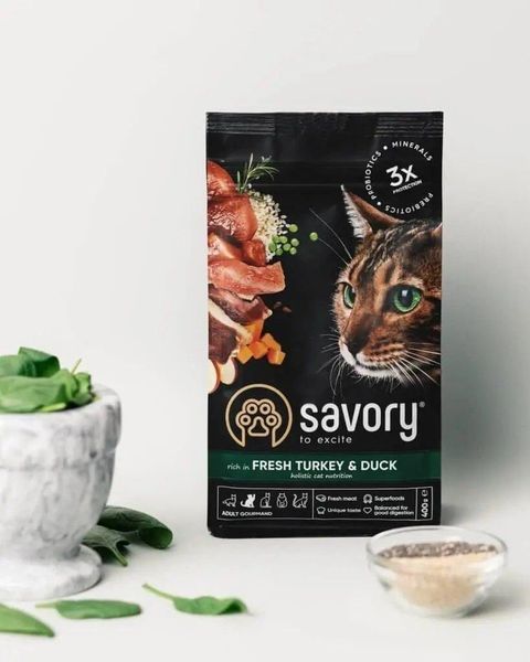 Savory Adult Cat Gourmand Fresh Turkey & Duck 8 кг сухий корм для дорослих примхливих котів (індичка та качка) 30068 фото