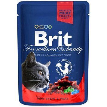 Brit Premium Cat (пауч) Кусочки в соусе с ГОВЯДИНОЙ и ГОРОШКОМ для кошек / 100 гр 505982 фото