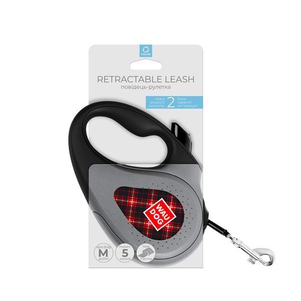 Повідець-рулетка для собак WAUDOG R-leash, малюнок "Шотландка", M, до 25 кг, 5 м, світловідбивна стрічка чорний 8125-0098-01 фото