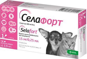 Селафорт (Selafort) краплі від бліх кліщів і гельмінтів для кішок та собак вагою до 2,5 кг (1 піпетка) KRKA (термі до 11.2026 р) 27472 фото