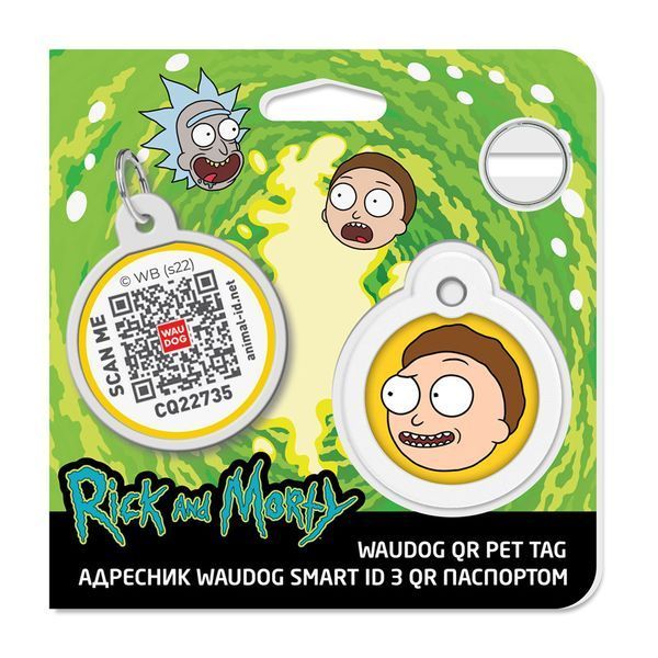 Адресник для собак і котів металевий WAUDOG Smart ID з QR-паспортом, малюнок "Рік і Морті 2", круг, Д 30 230-0281 фото