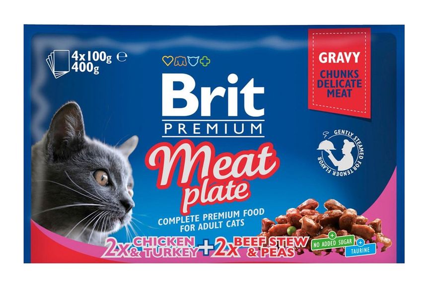 Набор паучей влажного корма для кошек Брит Brit Premium Cat мясная тарелка 4 шт по 100 г 100277/506262 фото