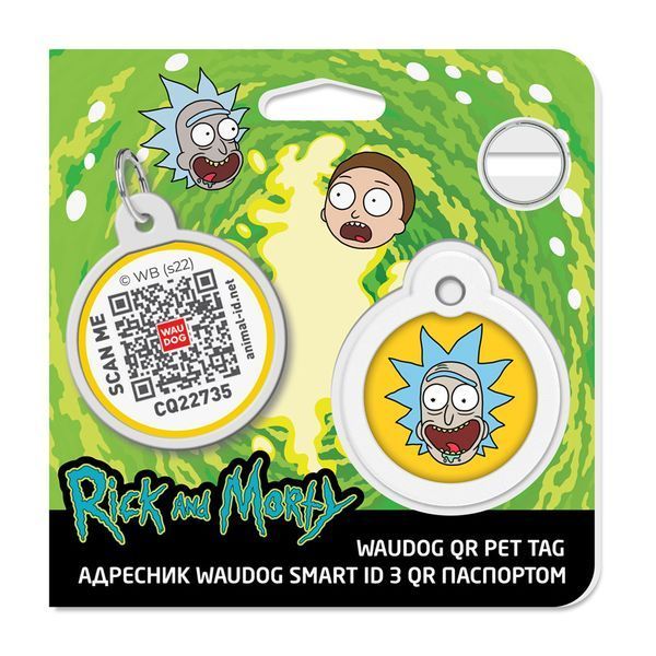 Адресник для собак і котів металевий WAUDOG Smart ID з QR-паспортом, малюнок "Рік і Морті 3", круг, Д 30 230-0282 фото