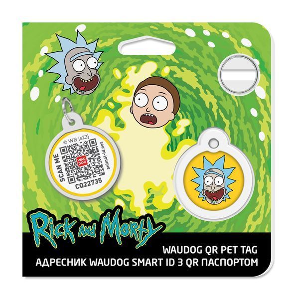 Адресник для собак и котов металлический WAUDOG Smart ID c QR паспортом, рисунок "Рик и Морти 3", круг, Д 25 225-0282 фото
