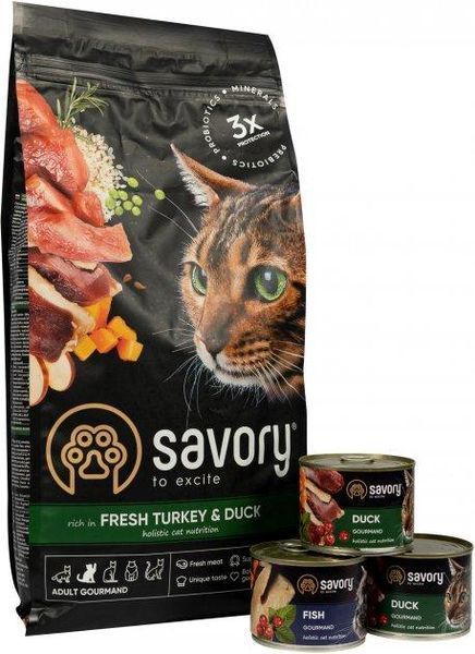 Акционный набор кормов Сейвори Savory для кошек (индейка, утка, рыба): сухой корм (2 кг) + консерва (600 г) 021279 фото