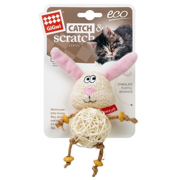 Іграшка для котів Зайчик із плетеним м'ячиком і дзвіночком GiGwi Catch&scratch, поліестер, 10 см 2344 фото