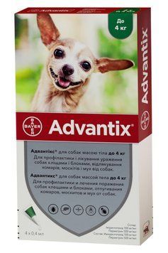 Адвантикс капли для собак весом до 4 кг (4 пипетки по 0.4 мл) Elanco 70010 фото