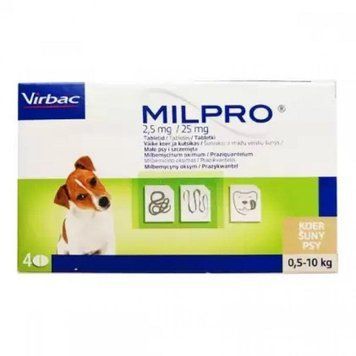 Мілпро Milpro 2,5 мг/25 мг для цуценят та собак дрібних порід 0.5 - 5 кг (4 таблетки) 905540 фото