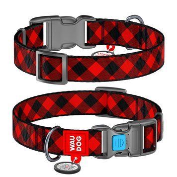 Ошейник для собак нейлоновый WAUDOG Nylon c QR паспортом, рисунок "Шотландка красная", пластиковый фастекс, Ш 4687 фото