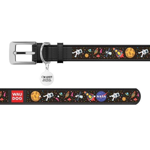Нашийник для собак шкіряний WAUDOG Design з QR паспортом, малюнок "NASA", Ш 12 мм, Д 20-28 см, чорний 0013-0047-01 фото