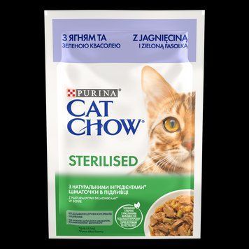 Вологий корм Cat Chow Sterilized для стерилізованих/кастрованих котів з ягням та зеленою квасолею, шматочки в підливці, 85 г п150130 фото