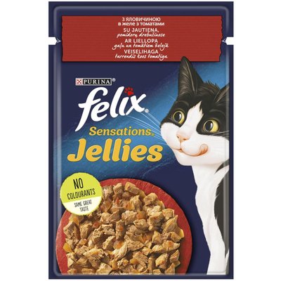 Вологий корм Фелікс Felix Sensations Jellies для кішок шматочки з яловичиною і томатами в желе 85 г, Purina 469624 фото