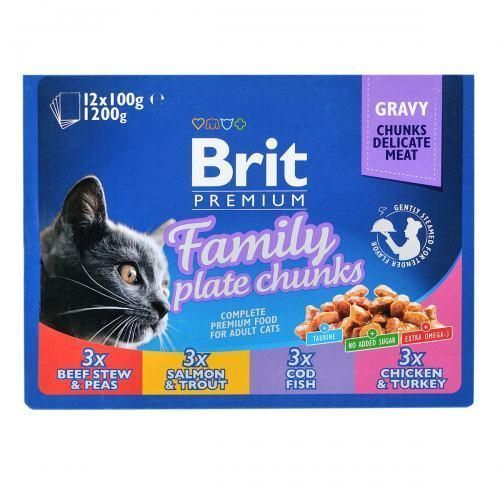 Влажный корм для кошек Брит Brit Premium Набор паучей семейная тарелка ассорти 4 вкуса 100 гх 12 шт 100278/506255 фото