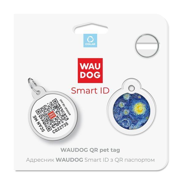 Адресник для собак и котов металлический WAUDOG Smart ID c QR паспортом, рисунок "Водяные лилии", круг, Д 25 0625-0201 фото
