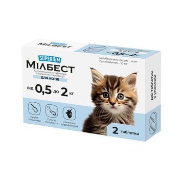 Антигельминтные таблетки Супериум Милбест для кошек весом от 0.5 до 2 кг тотального спектра действия (2 табл.) 9169 фото