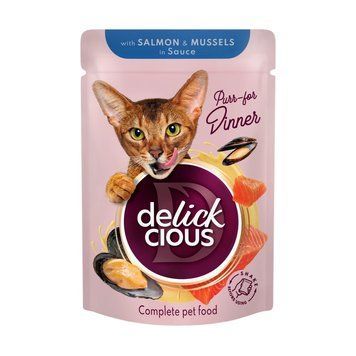 Вологий корм для дорослих котів Делікшес Delickcious шматочки з лососем і мідіями в соусі, 85 г B5410201 фото